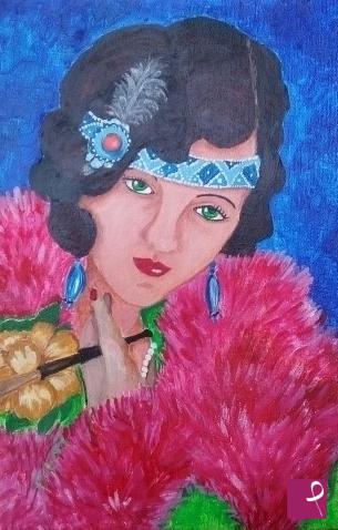 quadri in vendita online - 1920s: Donna con boa e diadema