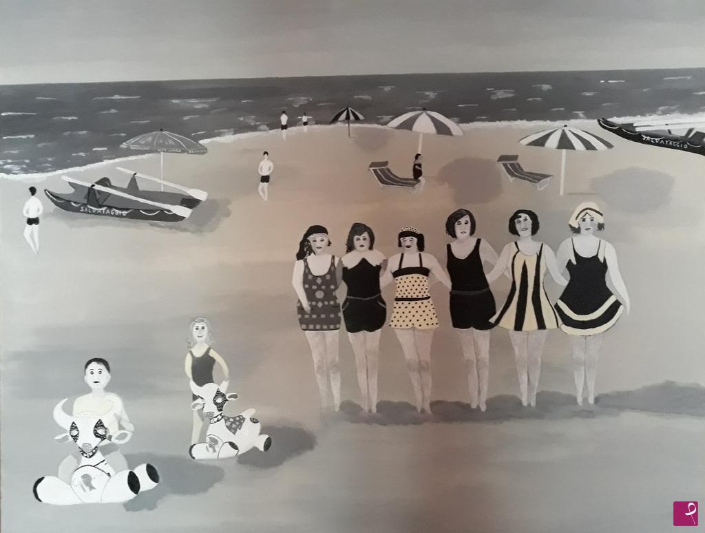quadri in vendita online - Al mare negli anni 50 costumi ed oggetti gonfiabile mucca carolina