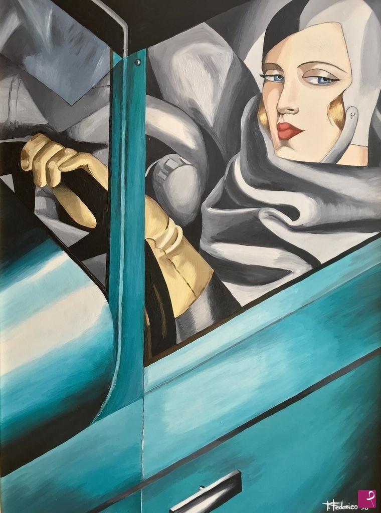quadri in vendita online - Autoritratto sulla Bugatti verde, Tamara de Lempicka