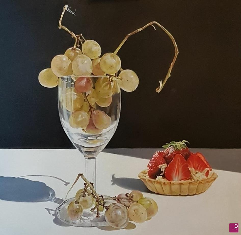 quadri in vendita online - Bicchiere con uva e pasticcino