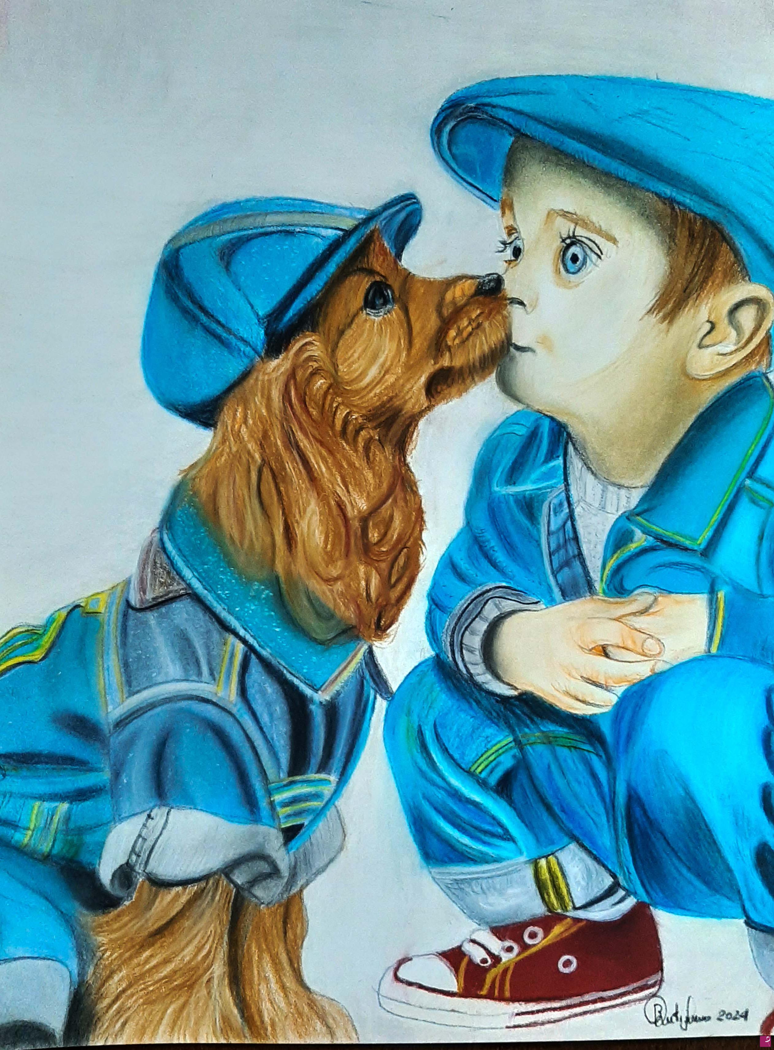 quadri in vendita online - Bimbo con cane