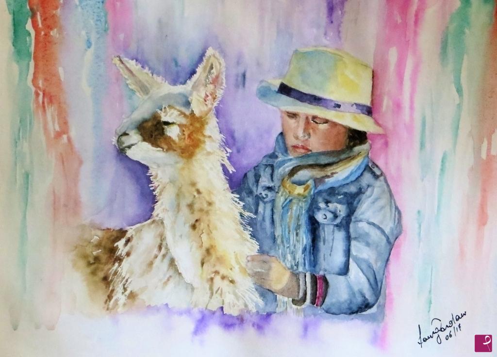 quadri in vendita online - Bimbo peruviano con lama
