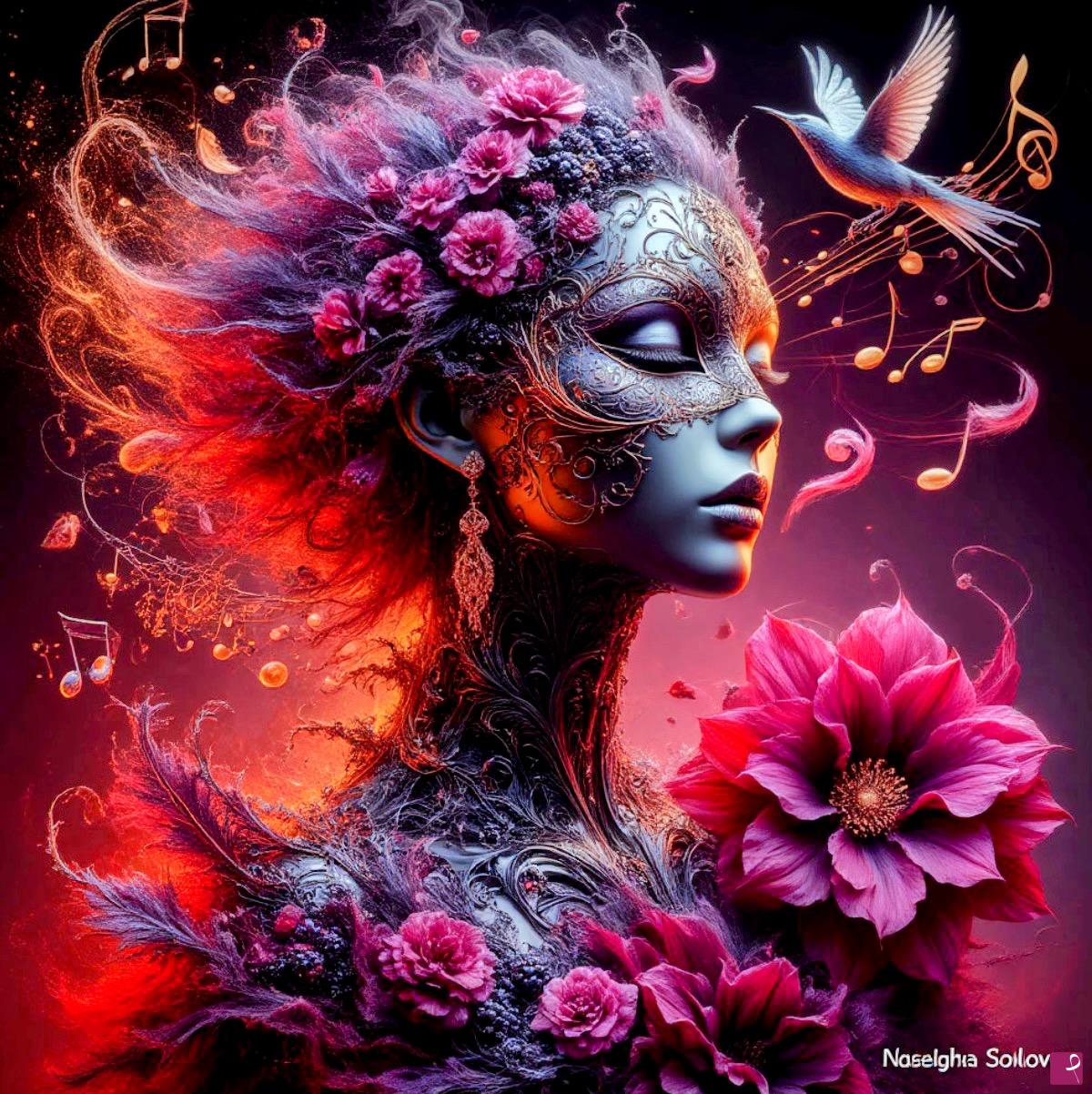 quadri in vendita online - Bird, mask on face , flowers 