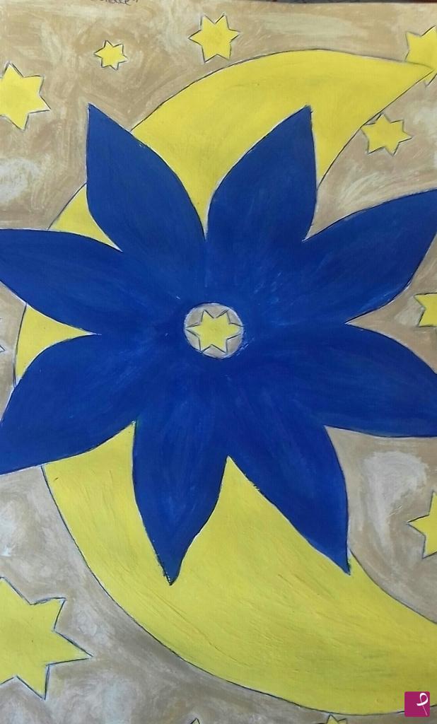 quadri in vendita online - Blue flower tra luna e stelle