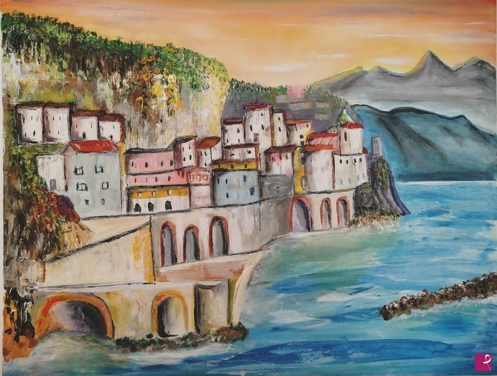 disponibile quadro - Borgo di mare Costiera Amalfitana dipinto su tela  paesaggio quadro moderno Lovisi 90 x 70 - Valter Lovisi
