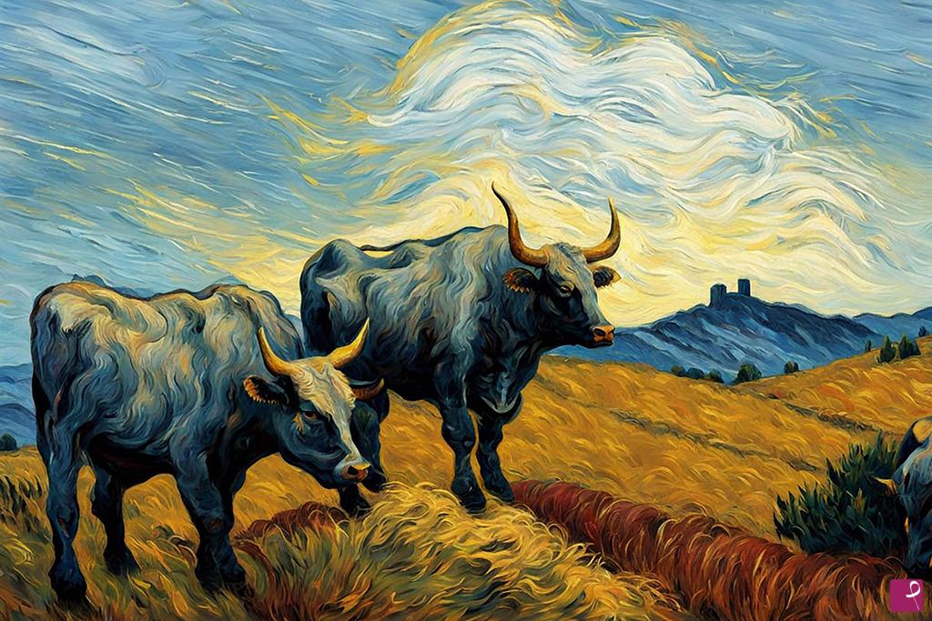 quadri in vendita online - Bulls munching on a hill top..