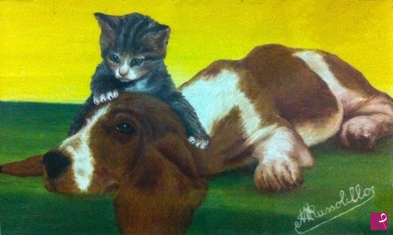 quadri in vendita online - Cane con gattino