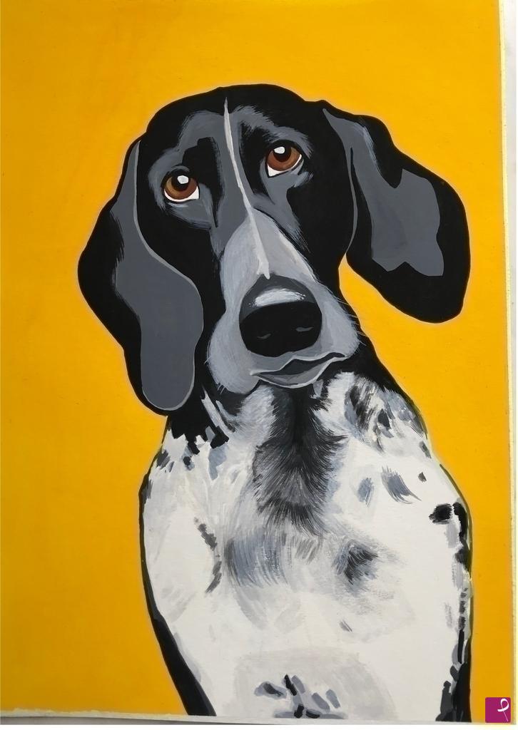 quadri in vendita online - Cane con sfondo giallo