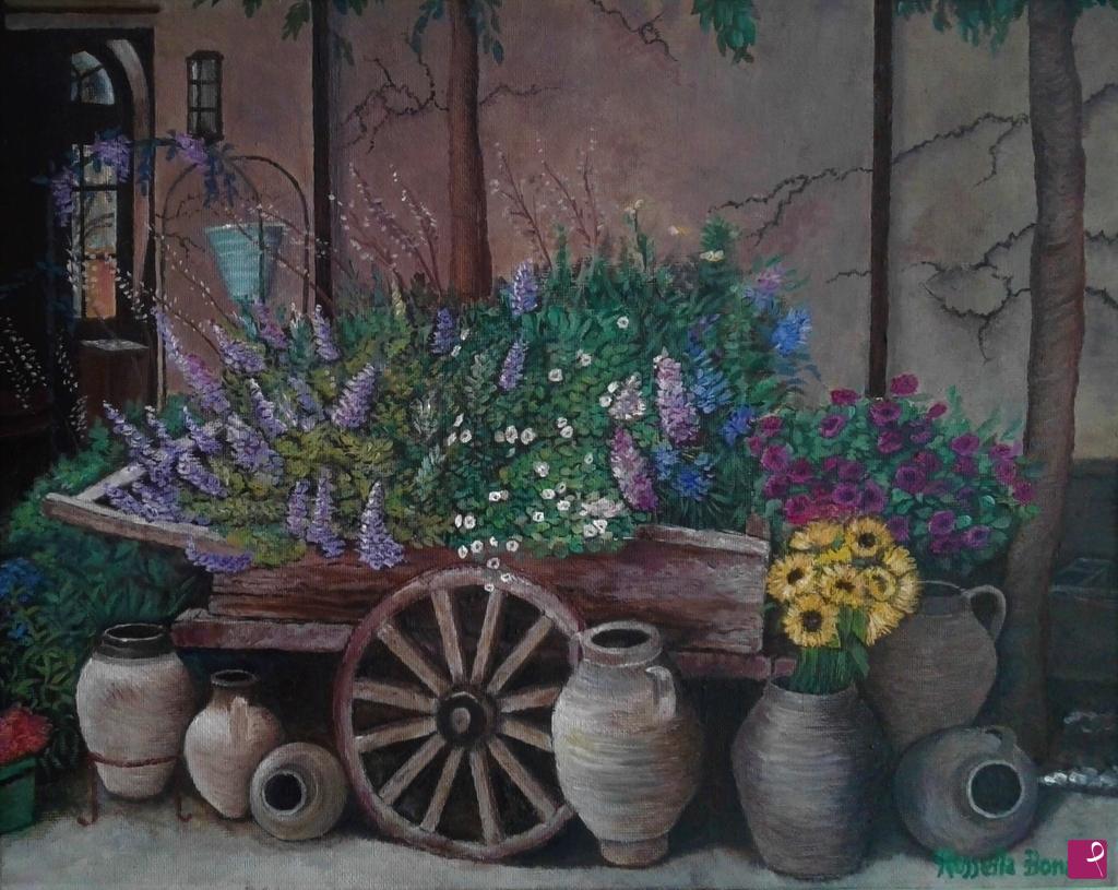quadri in vendita online - Carretto con fiori e anfore