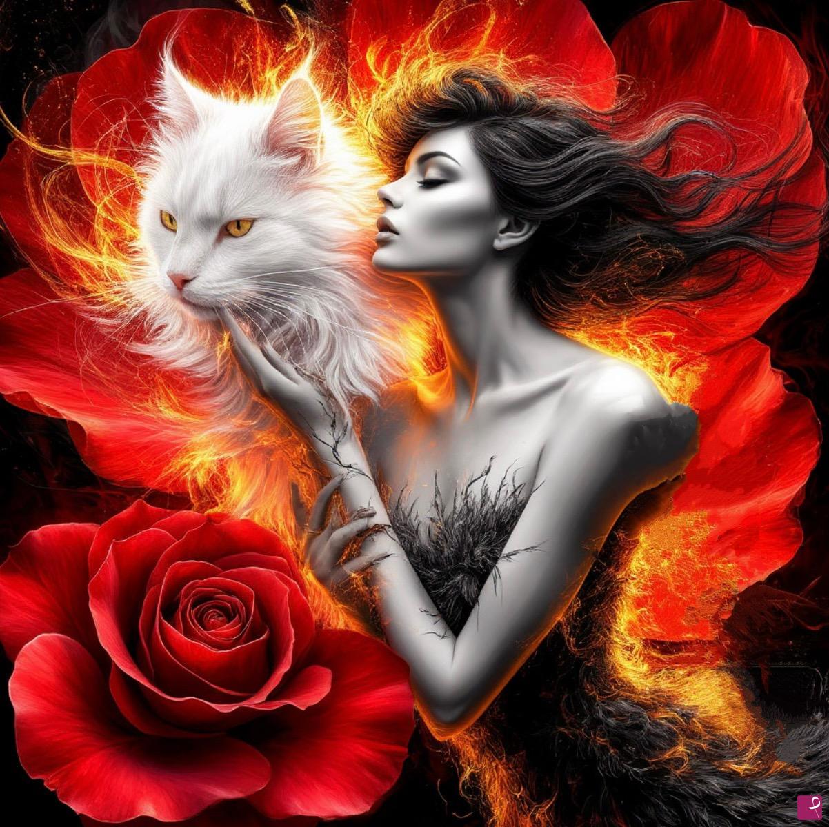 quadri in vendita online - Cat , girl and flowers 