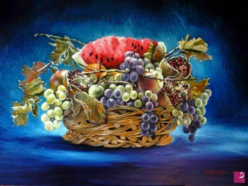 quadri in vendita online - Cesto con frutta sfondo blu