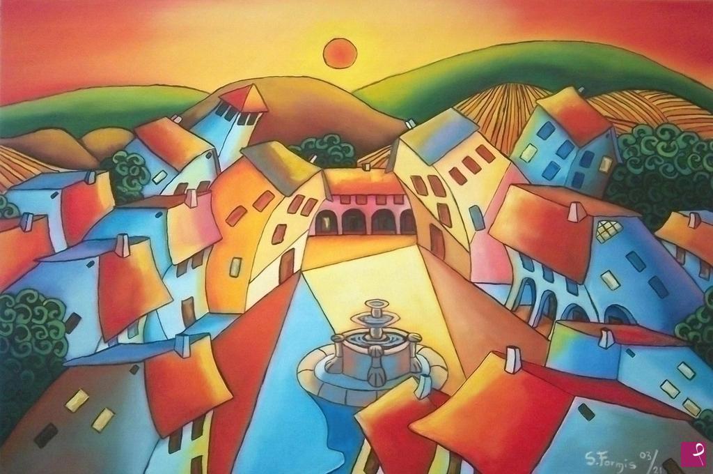 quadri in vendita online - Città mistica al tramonto