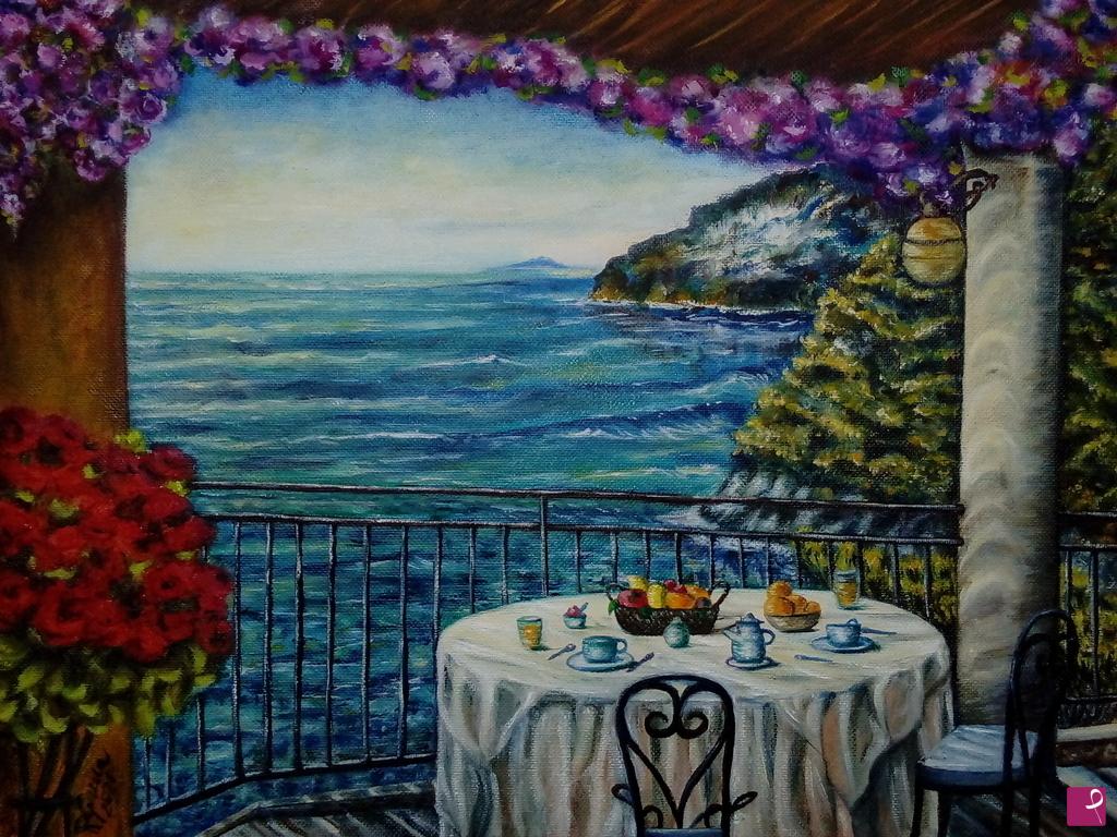 quadri in vendita online - Colazione a Positano