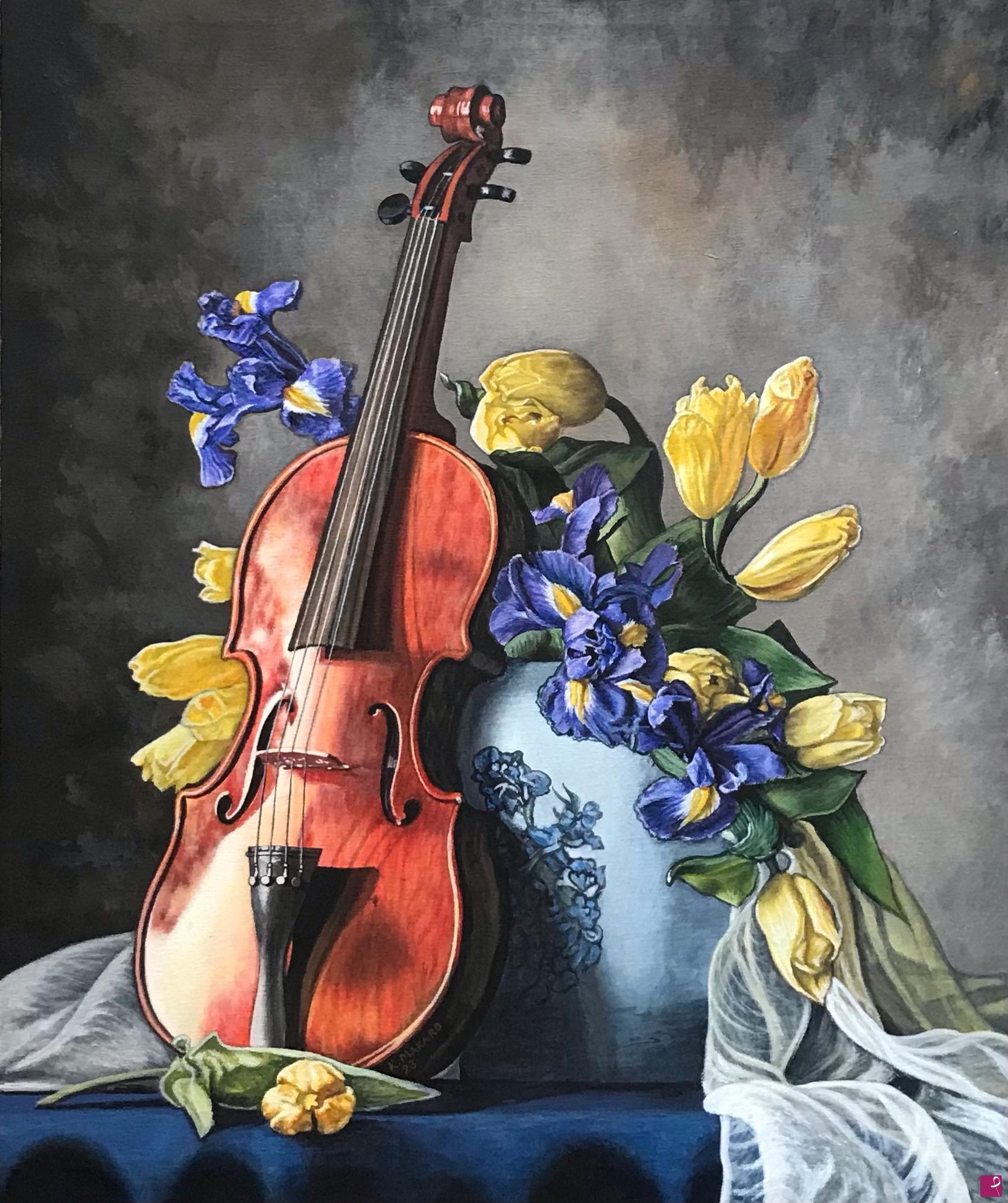 quadri in vendita online - Composizione romantica con violino, iris e tulipani