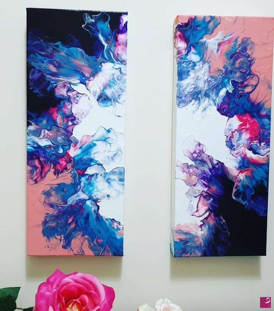 quadri in vendita online - Dittico astratto fatto con la tecnica fluid art / pouring art (due da 20x50cm)