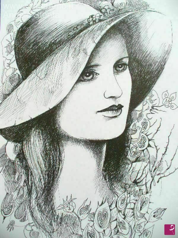 quadri in vendita online - Donna con cappello