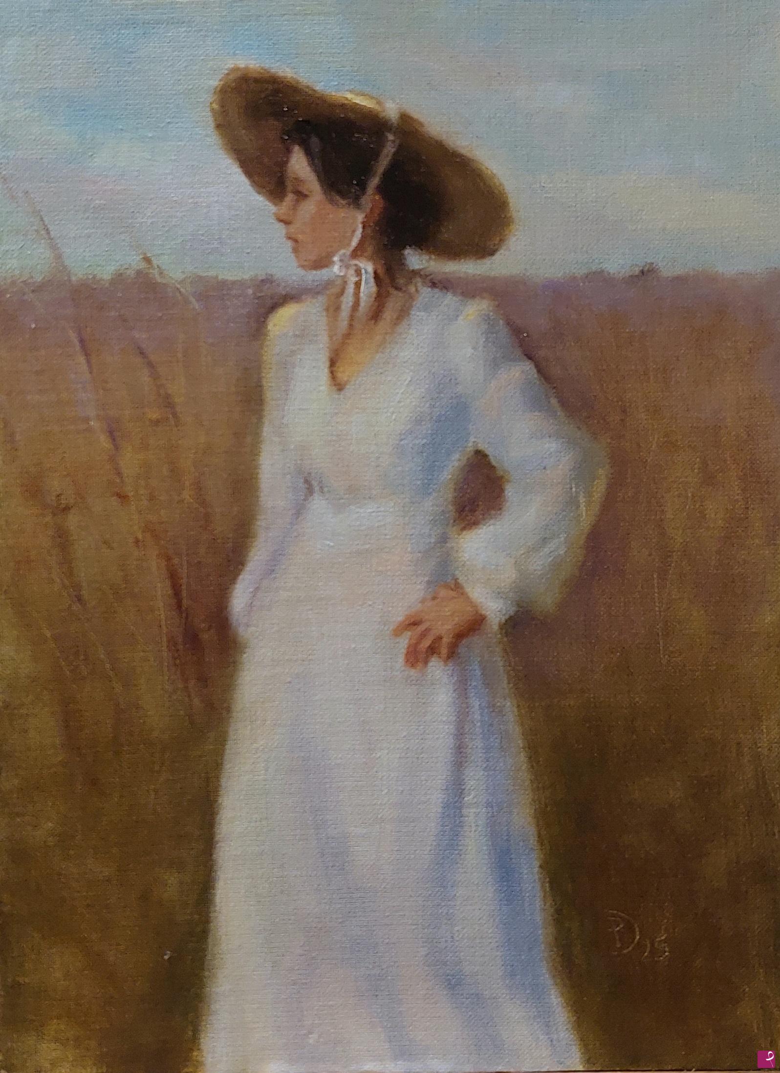 quadri in vendita online - Donna con cappello di paglia