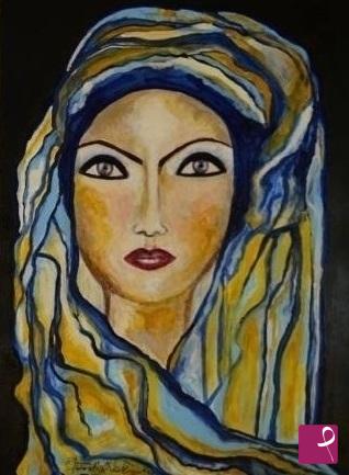 quadri in vendita online - Donna con foulard giallo e blu