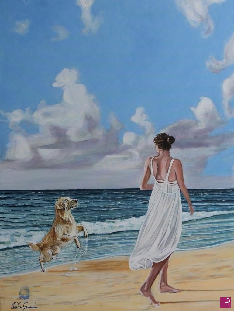 quadri in vendita online - Donna con il cane