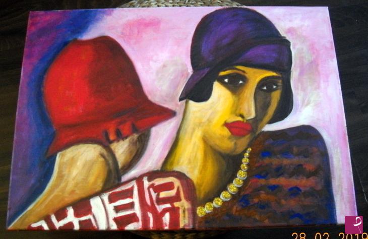 quadri in vendita online - DONNE  CON CAPPELLO