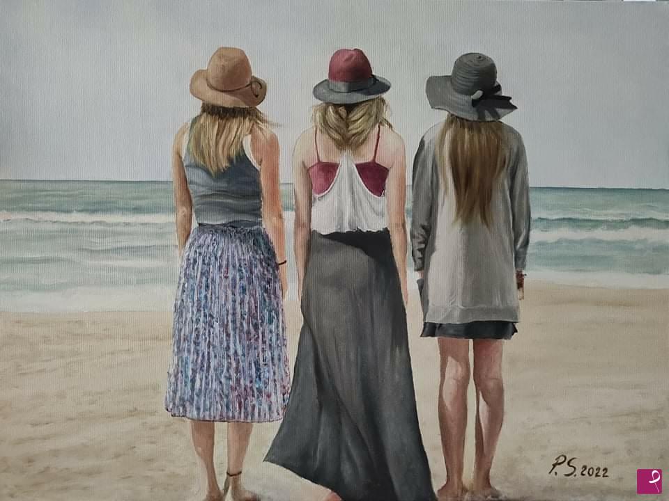 quadri in vendita online - Donne con cappello in riva al mare