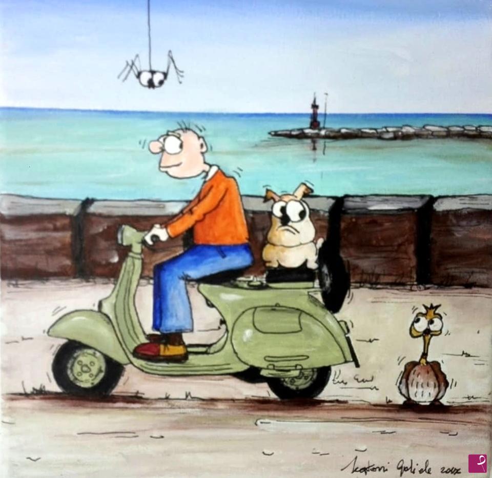 quadri in vendita online - Fidenzio in vespa verde