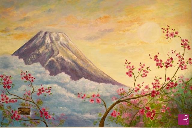 disponibile quadro - Fiori di ciliegio e monte Fuji con banconota