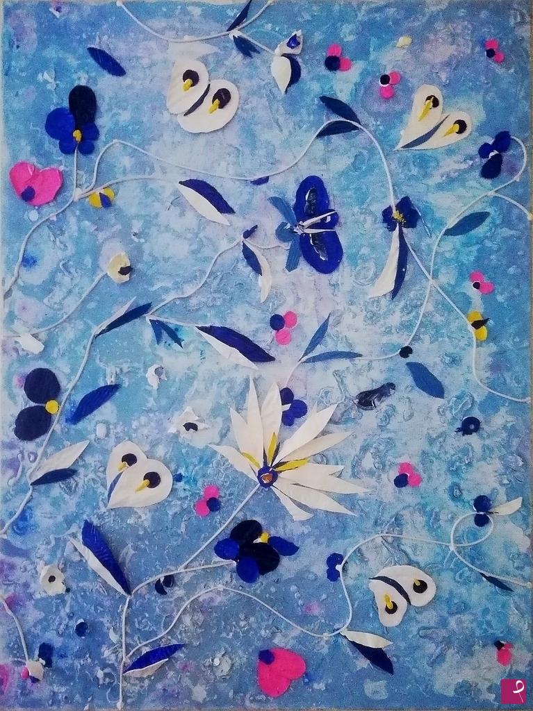 quadri in vendita online - fiori e farfalle in blu
