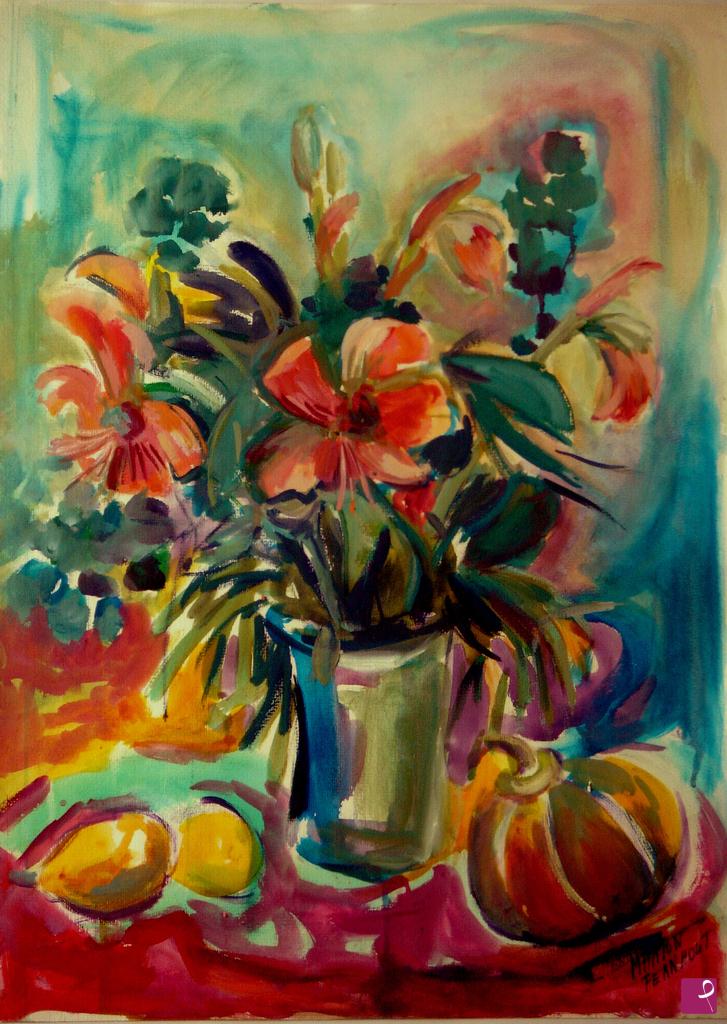quadri in vendita online - Fiori in vaso, limoni e zucca
