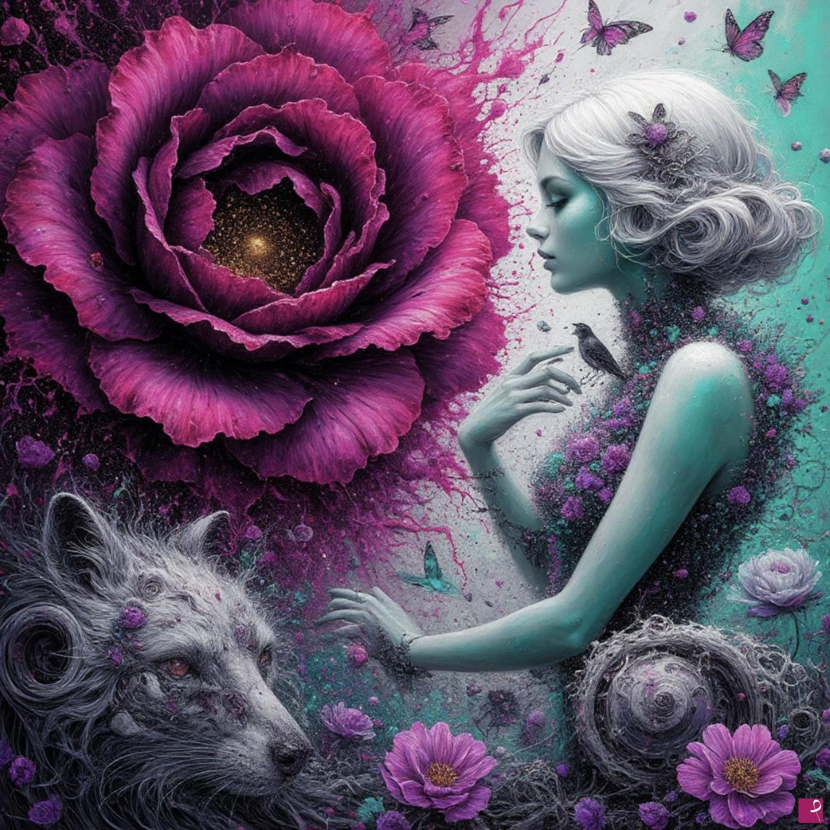 quadri in vendita online - Flower, wolf and woman 
