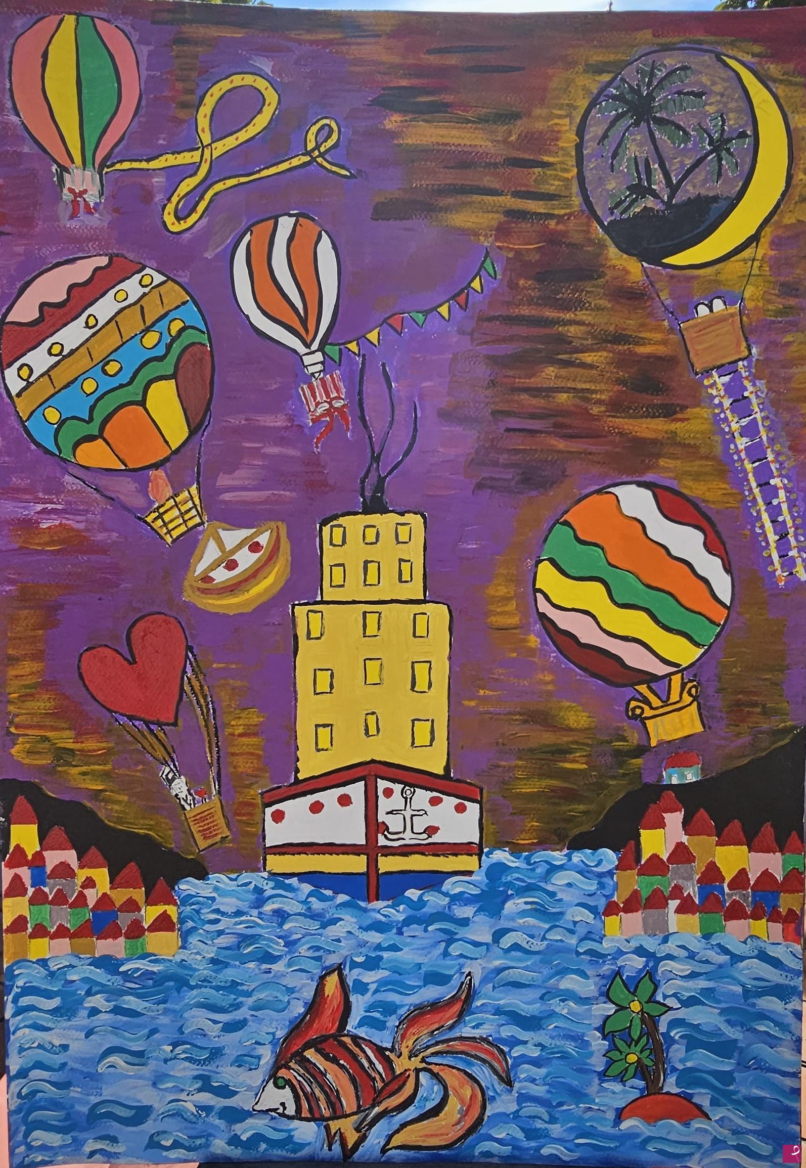 quadri in vendita online - Flying hot air balloons at night
