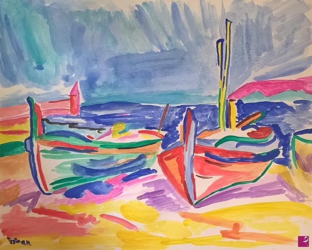 quadri in vendita online - freenk van den berg boats on the coast in france