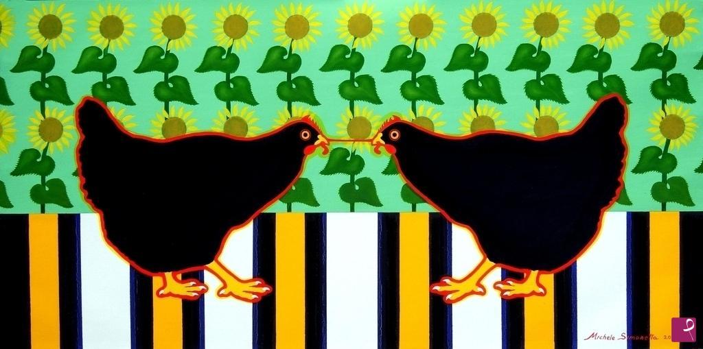 quadri in vendita online - GALLINE CONTENDENTI CON GIRASOLI