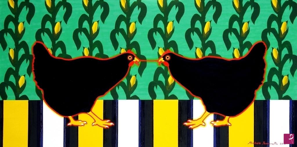 quadri in vendita online - GALLINE CONTENDENTI CON MAIS