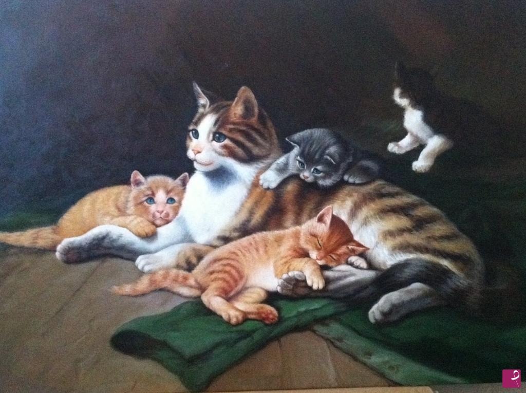 quadri in vendita online - Gattini con mamma gatta