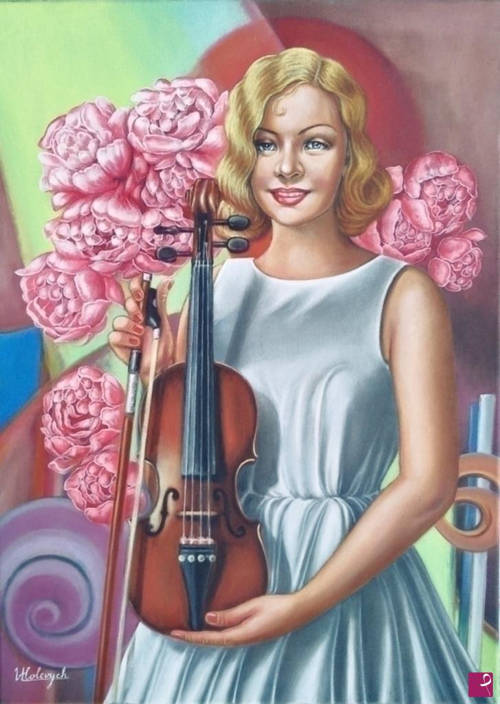 quadri in vendita online - Giovane donna con violino
