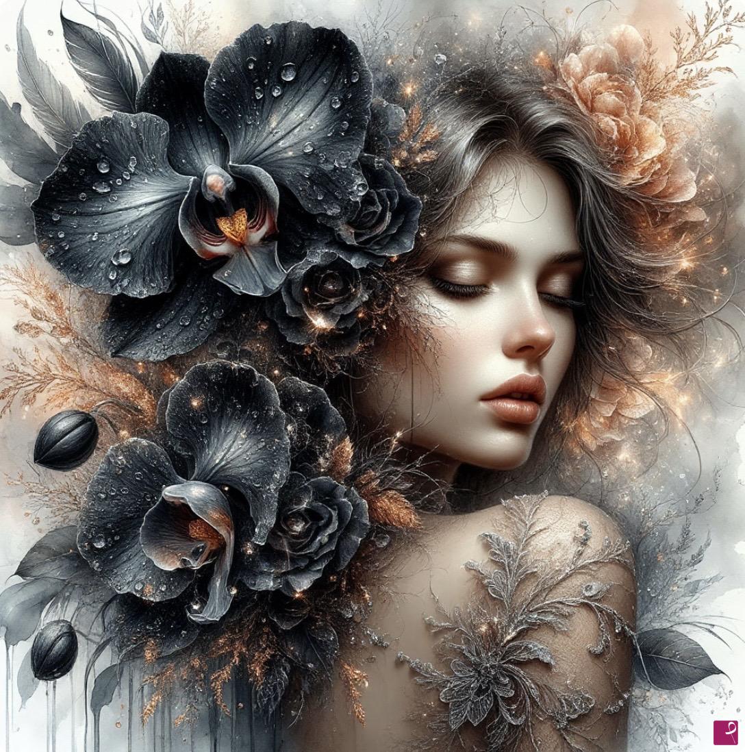 quadri in vendita online - Girl and black orchid