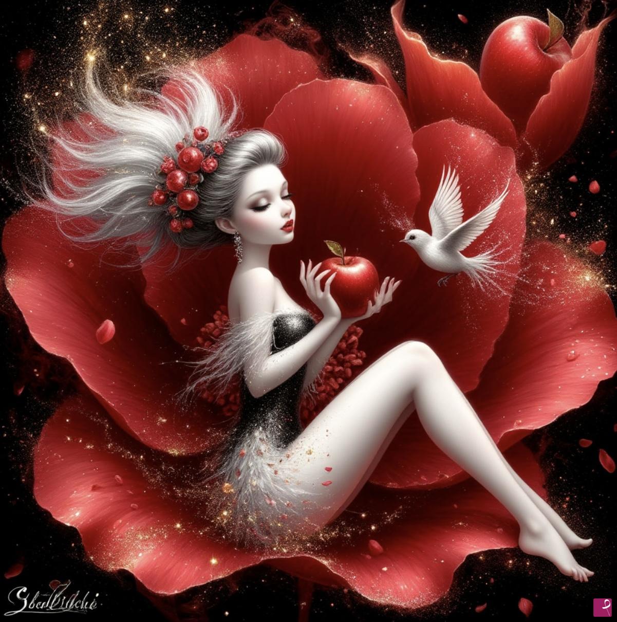 quadri in vendita online - Girl, apple and flowers 