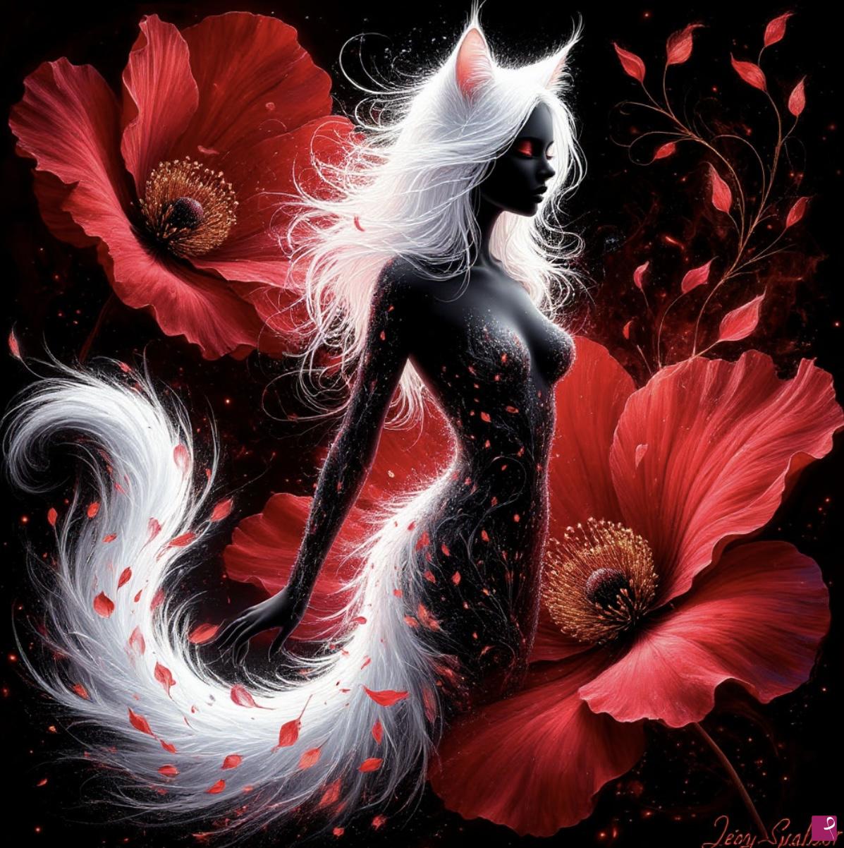 quadri in vendita online - Girl-cat and flowers 