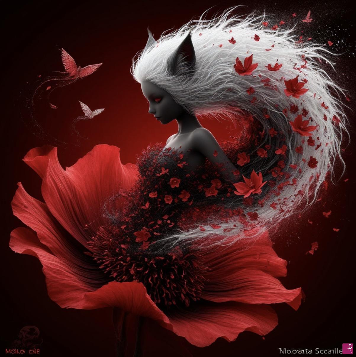 quadri in vendita online - Girl-cat, flower, birds2