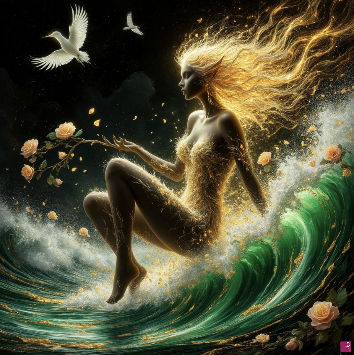quadri in vendita online - Girl-elf on sea waves 