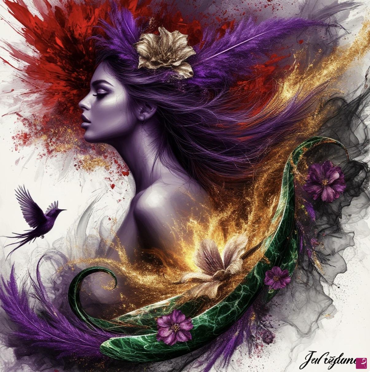 quadri in vendita online - Girl, fire, bird, flowers 