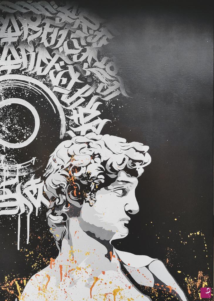 quadri in vendita online - Grey David with Calligraphy 50x70