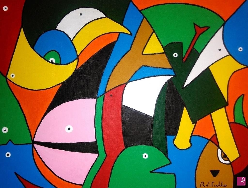 quadri in vendita online - Group shot at the psychedelic zoo: first pose