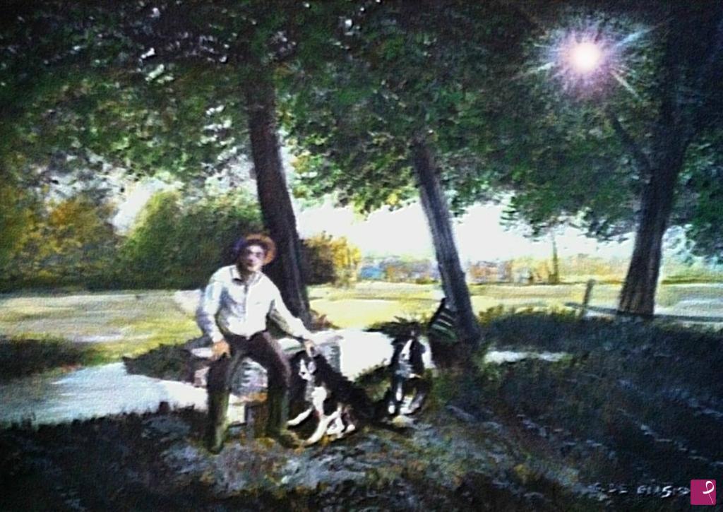 quadri in vendita online - in campagna con i suoi cani :-) in una calda e afosa giornata d'estate...