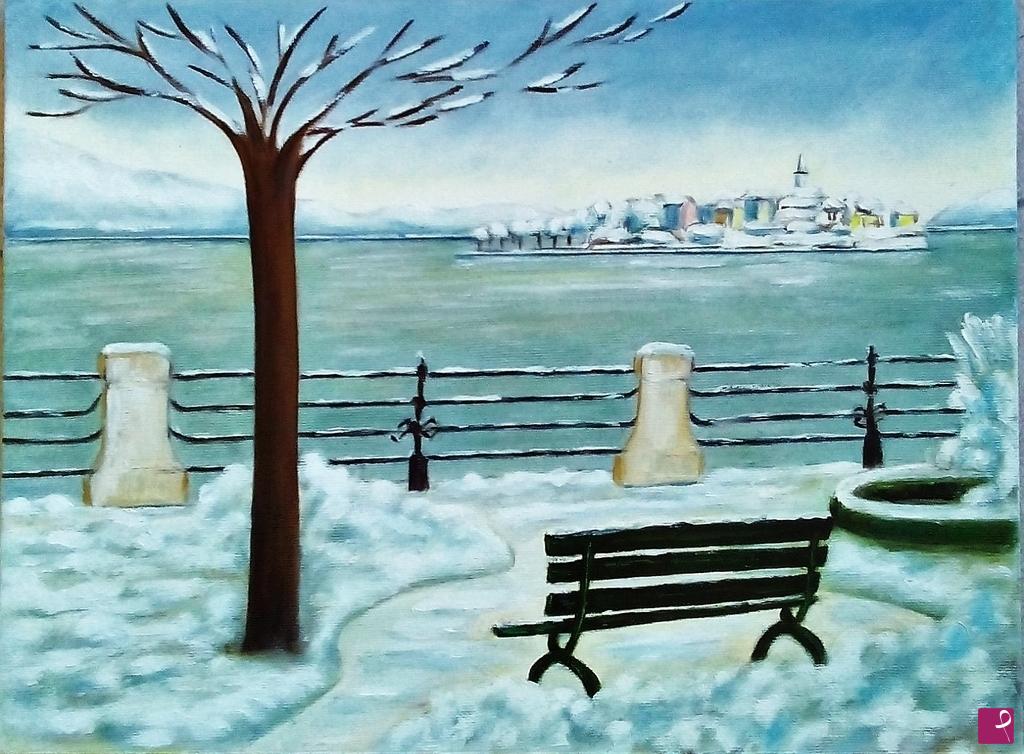 quadri in vendita online - INVERNO CON  PANCHINA NEVE - BAVENO (2014)