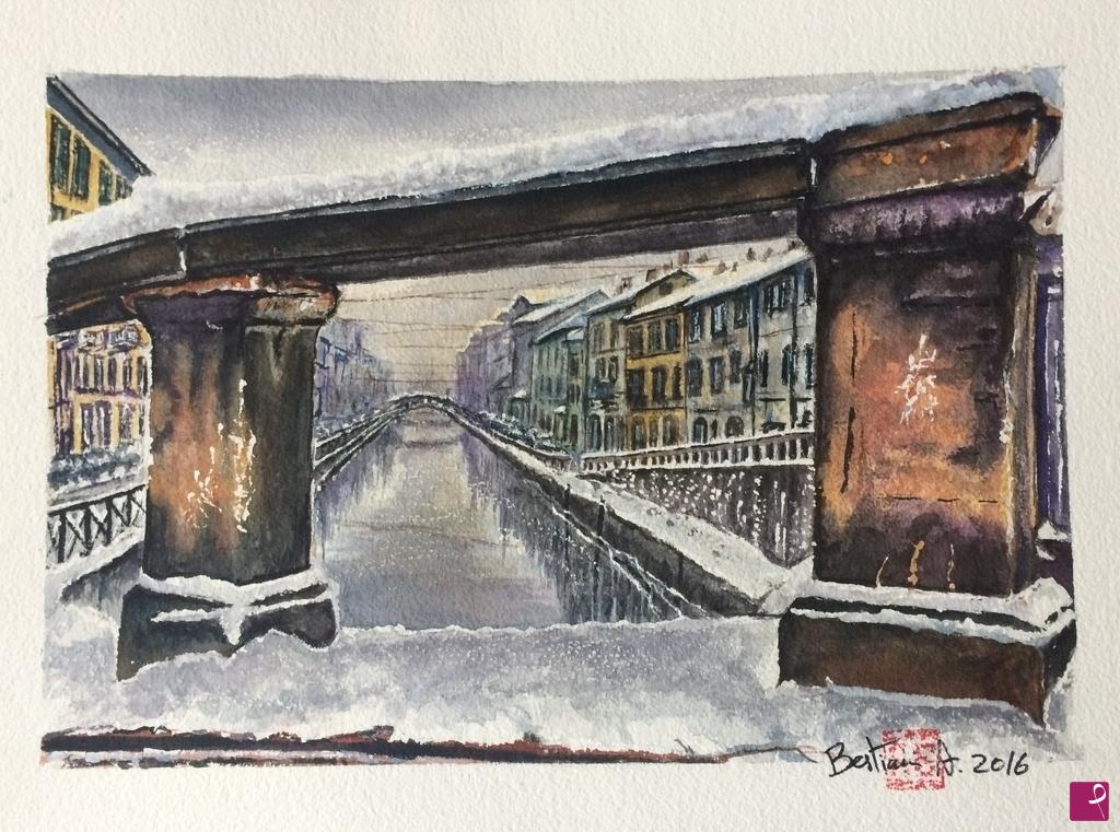 quadri in vendita online - Inverno sul Naviglio grande.
