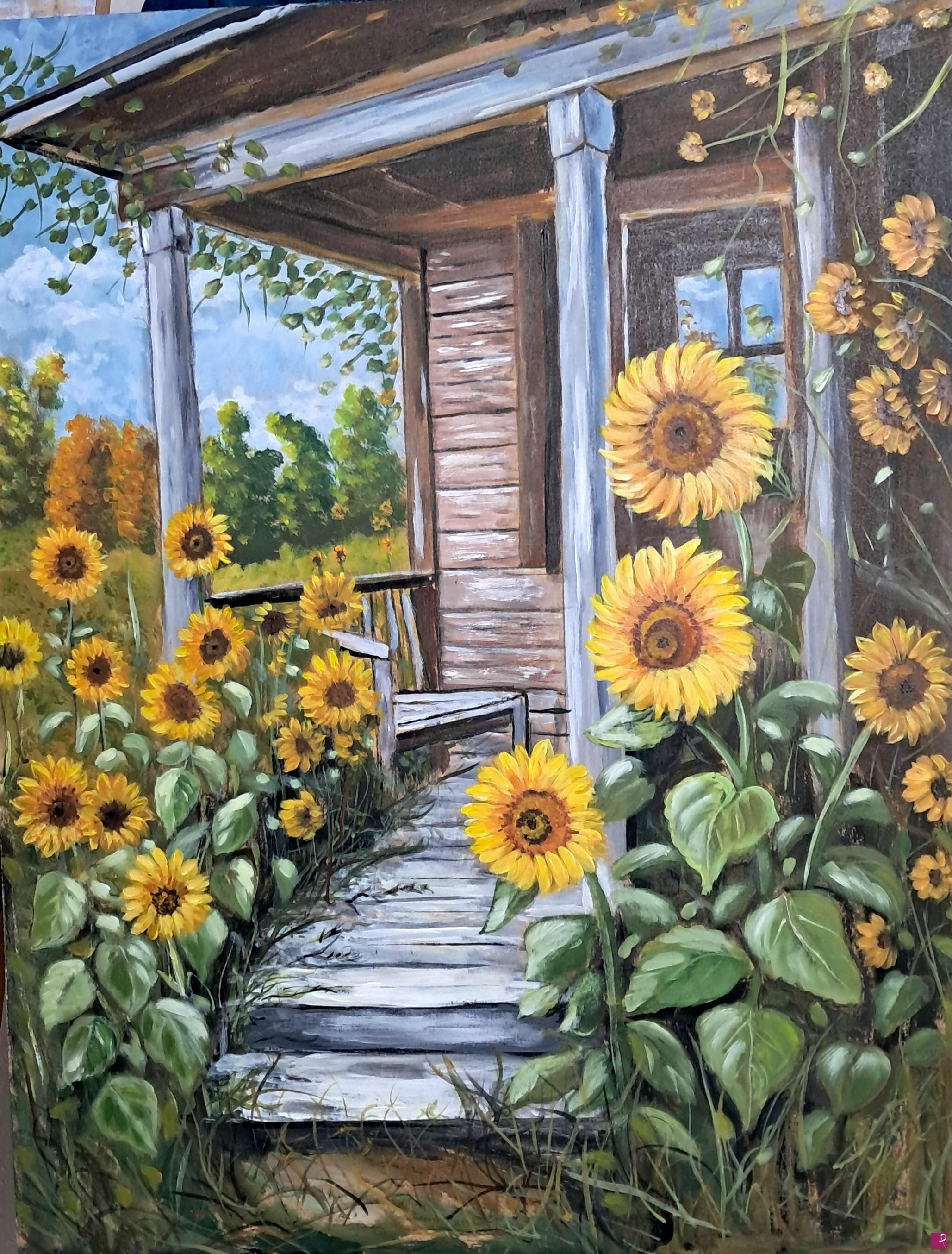 quadri in vendita online - La baita con i girasoli 