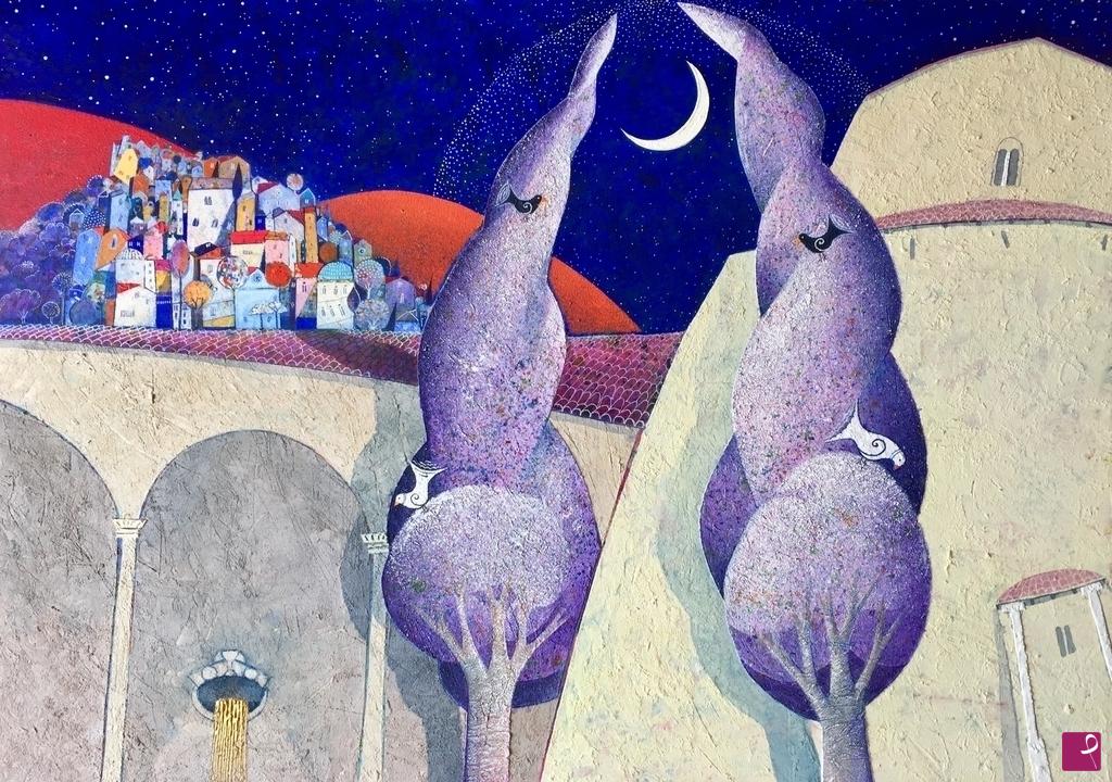 quadri in vendita online - La cupola di stelle e la luna sui cipressi.