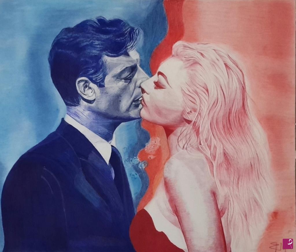 quadri in vendita online - La Dolce Vita - Bacio tra Marcello Mastroianni e Anita Ekberg